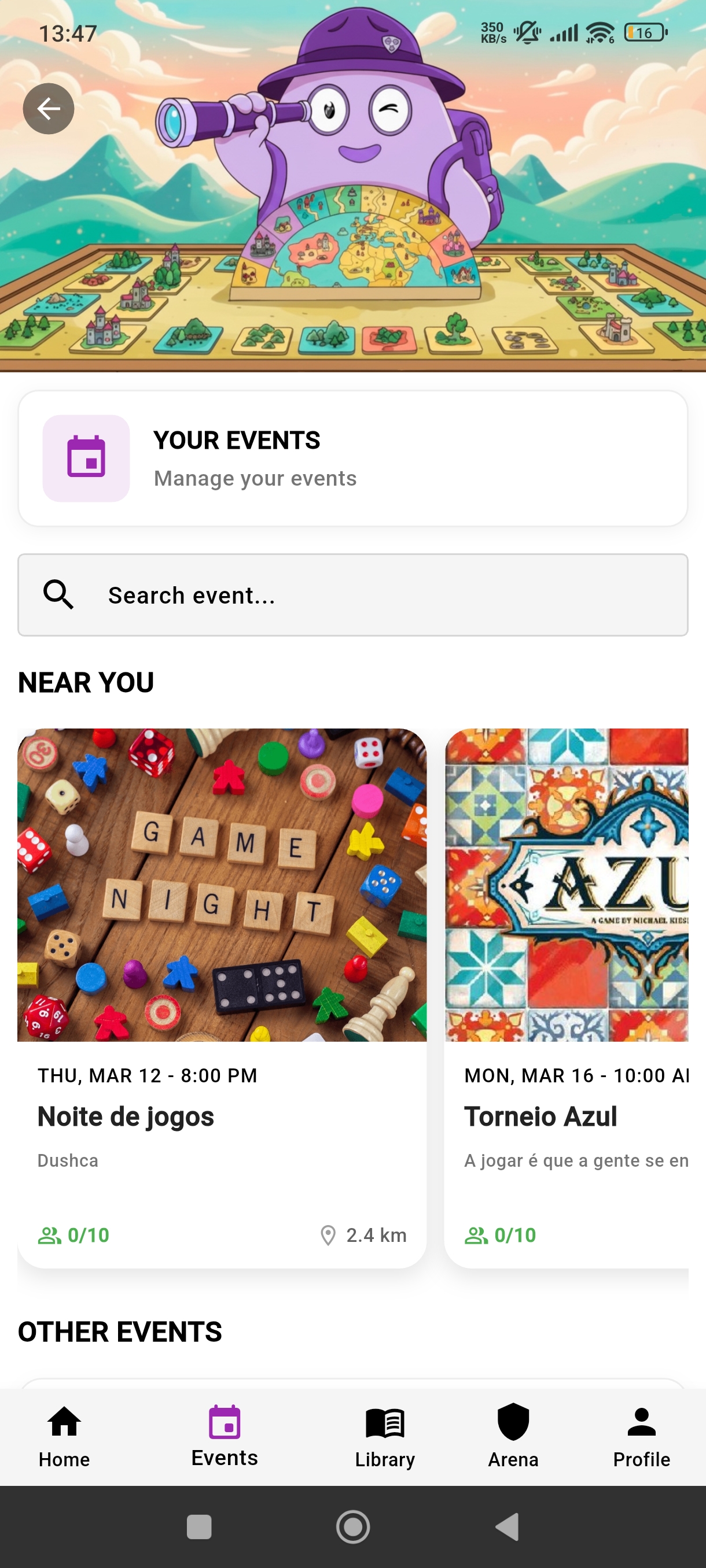 App showing board game events